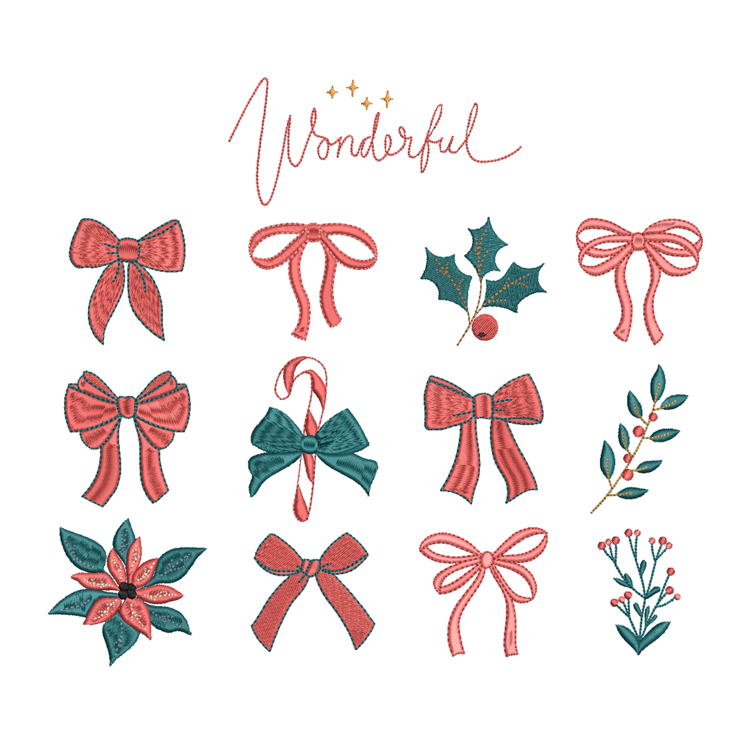 12 Wonderful Christmas Elements Machine Embroidery Design Bundle, Bow Branch and Holly Patterns, Digital file, 5 sizes