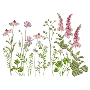 May include: Embroidered design of a field of wildflowers, including pink foxgloves, purple coneflowers, and other delicate blooms. The flowers are arranged in a row against a white background.