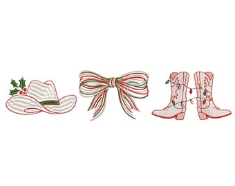Western Christmas Elements Machine Embroidery Design Bundle, Bow Cowboy Hat and Boots Pattern, Digital zip file, 6 sizes