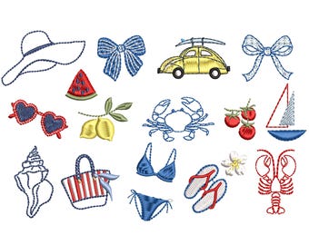 16 Tiny Fun Coastal Machine Embroidery Design Elements, Chinoiserie Blue and White Mini Seashell Lobster Bow Digital file, 7 sizes