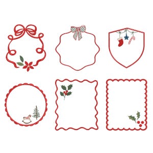 May include: A collection of six Christmas-themed frames with red borders. The frames have various shapes, including a bow, a shield, and a scalloped edge. Some frames are decorated with festive elements like holly, a rocking horse, and a Christmas tree.