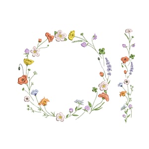 Sparkling Wildflower Wreath and Border Machine Embroidery Design, 6 sizes