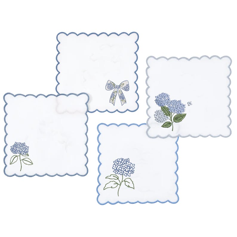 Hydrangea Bow Flower Machine Embroidery Design Bundle embroidered on cocktail napkin set