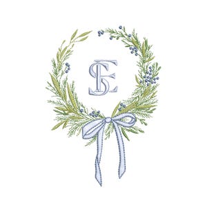 Diseño de bordado a máquina con marco de corona con escudo y lazo de cosecha de monograma, patrón digital en archivo zip, 7 tamaños