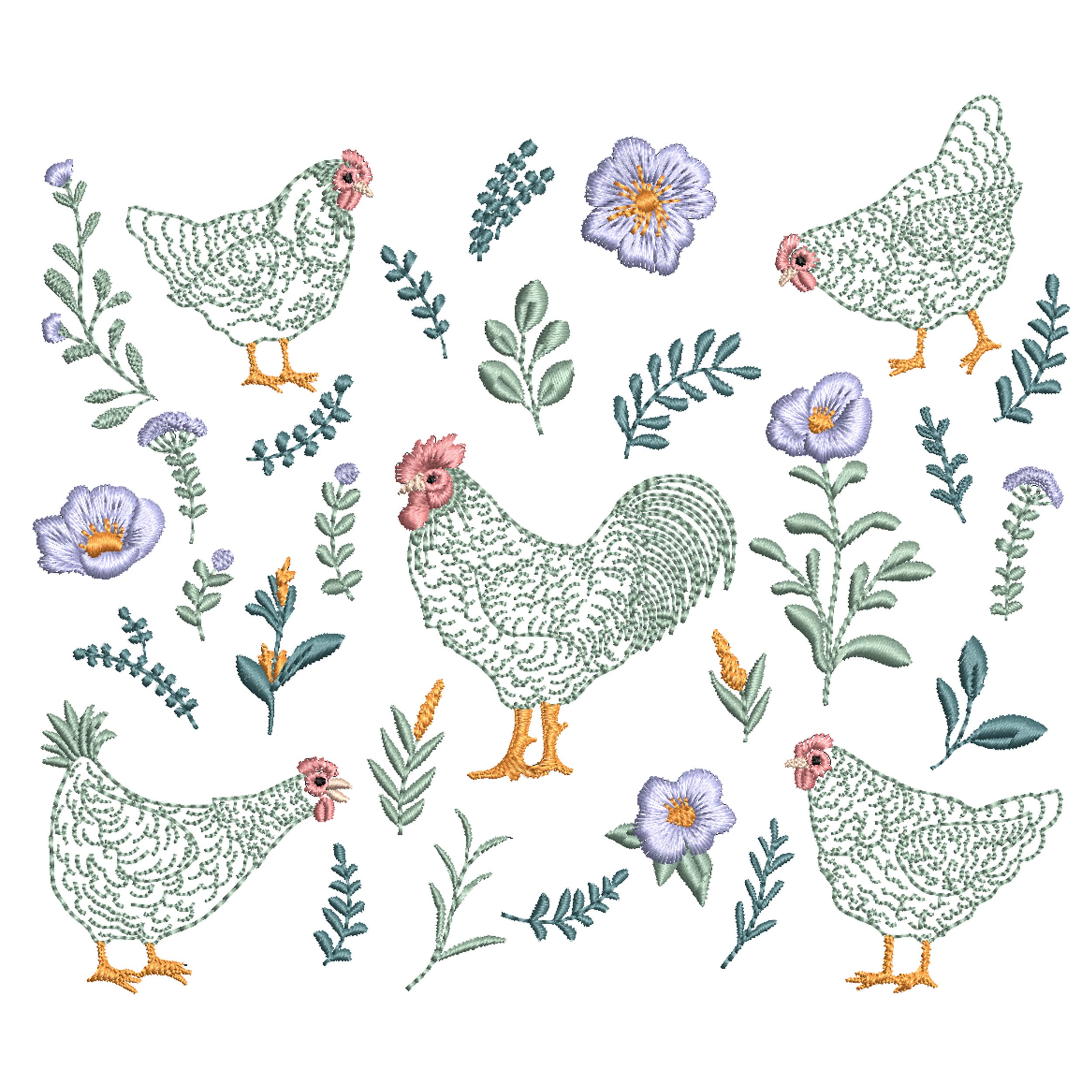 Farmhouse Flower Chicken and Rooster Machine Embroidery Design File, Border and individual elements, 5 sizes