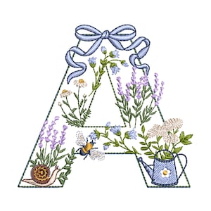 Diseño de bordado a máquina con monograma de letra A mayúscula, alfabeto ABC de jardín, archivo zip digital, 6 tamaños