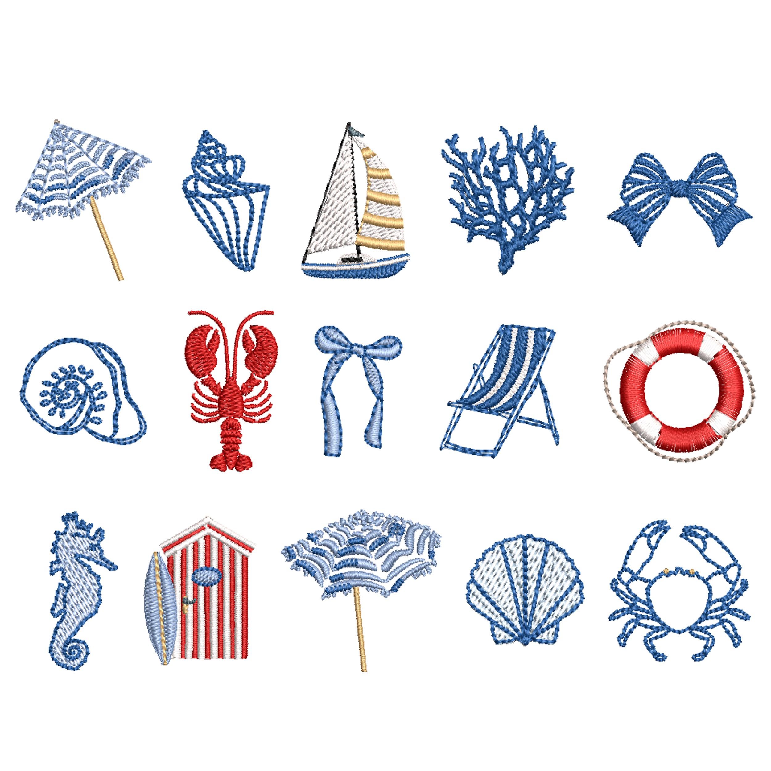15 Tiny Coastal Machine Embroidery Design Elements, Chinoiserie Blue and White Mini Seashell Lobster Bow Digital file, 6 sizes
