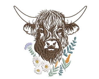 Highland Scottish Cow and Chamomiles Machine Embroidery Design File, Digital Download Pattern, 6 sizes