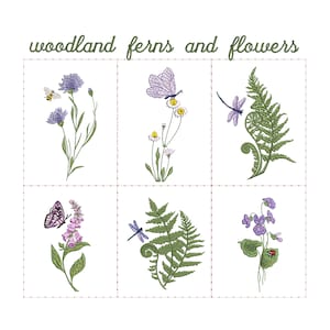 May include: Embroidered design featuring woodland ferns and flowers. The image includes detailed illustrations of a bee, butterflies, dragonflies, and various flowers and ferns. The text "woodland ferns and flowers" is at the top.