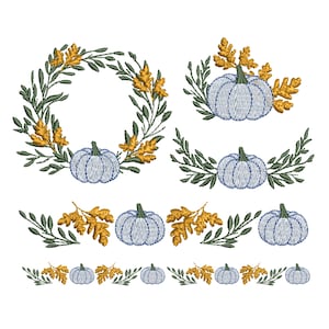 Couronne de citrouille automne Thanksgiving et motif de broderie Machine bordure, téléchargement immédiat motif Zip - 7 tailles