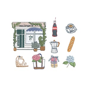 May include: An embroidery design set featuring a boulangerie storefront with vines, a Coca-Cola bottle, a coffee cup, a moka pot, a baguette, a wedge sandal, a tote bag with pink flowers, a stack of macarons with a blue bow, and a blue hydrangea.