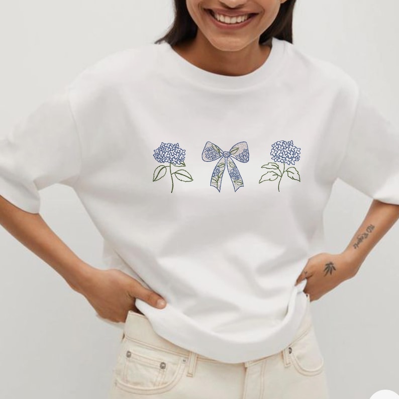 Hydrangea Bow Flower Machine Embroidery Design Bundle embroidered on t-shirt
