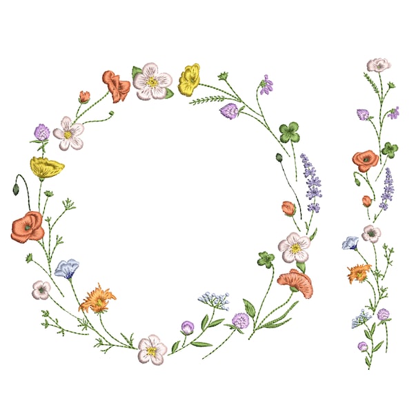 Sparkling Wildflower Wreath and Border Machine Embroidery Design, 6 sizes