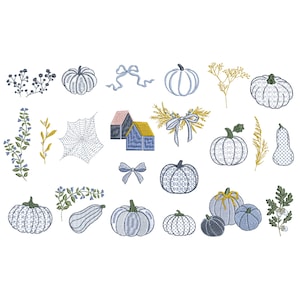 Thanksgiving Modern Pumpkin Bundle Machine Embroidery Design, Blue and White Chic Autumn Chinoiserie Pattern Instant Download Zip - 7 sizes