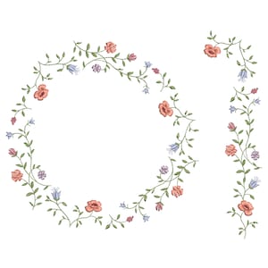 May include: A floral wreath with pink and blue flowers and green leaves. There is also a vertical floral design with pink and blue flowers and green leaves.