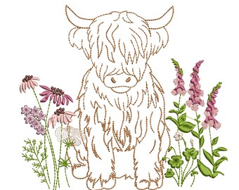 Highland Scottish Cow in Wildflower Garden Machine Embroidery Design File, Pillow pattern, mini flower, 6 sizes