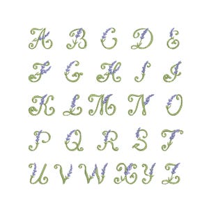 Diseño de bordado a máquina con letras del alfabeto de flores de lavanda, archivo zip digital de letras, 5 tamaños