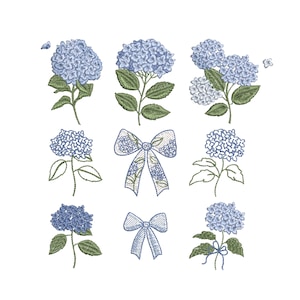 Op de afbeelding: Een set van negen borduurmotieven met blauwe hortensia's en strikken. De ontwerpen zijn perfect om een ​​toets van elegantie aan elk project toe te voegen.