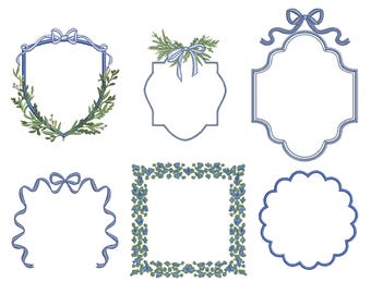 6 Monogram Modern Vintage Wreath Crest Machine Embroidery Design Bundle, Bow Frame Pattern Digital zip file, 8 sizes