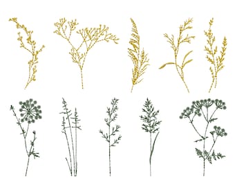 Puede incluir: Una colección de diseños botánicos bordados con diversas especies de plantas. Los diseños incluyen ramitas, tallos y elementos florales dorados y verdes, sobre un fondo blanco. Adecuados para proyectos de bordado, impresión textil o arte digital.