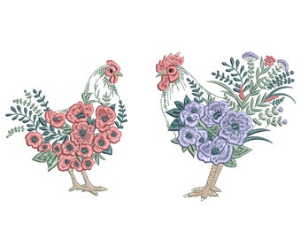 Easter Floral Hen and Rooster Machine Embroidery Design File, 6 sizes