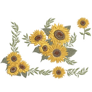 Sunflower Border and Bouquet Machine Embroidery Design File Bundle, 5 elements in 5 sizes