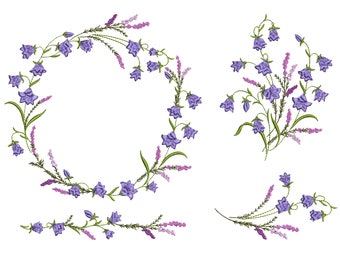 Harebells and Heather Flower Wreath, Border and Branch Machine Embroidery Design Bundle, Download zip file, 5 sizes