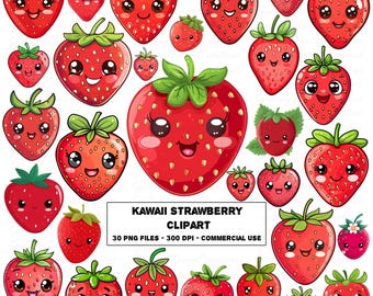 Kawaii Strawberry Clipart: PNG Graphics Set, 30 Images, Digital Download, Commercial Use