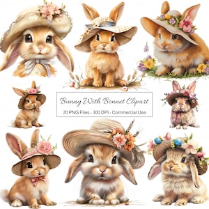 Könnte beinhalten: Ein Set mit 20 digitalen Clipart-Bildern, die niedliche braune Kaninchen zeigen, die verschiedene Strohhüte tragen, die mit Blumen verziert sind. Die Kaninchen sind in verschiedenen Posen und haben süße Gesichtsausdrücke. Die Bilder sind perfekt, um Ihren Osterbastelarbeiten, Ihrem Scrapbooking oder Ihren digitalen Designs eine Prise Verspieltheit zu verleihen.