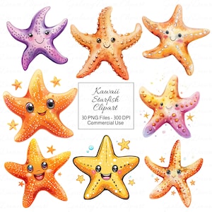 Kawaii zeester clipart, schattige cartoon zeester png, blij lachende gezichten illustraties, strand oceaan zomer kust afdrukbare digitale downloadset