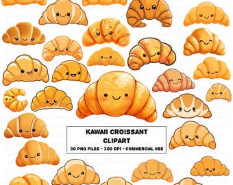 Kawaii Croissant Clipart, Cute Cartoon Breakfast Pastry PNG, French Bakery Food Clip Art, Happy Smiling Bread Printable Digital Download Set