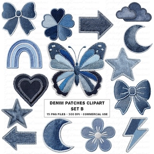 May include: A collection of denim patches in various shapes, including a butterfly, bow, heart, star, arrow, cloud, moon, rainbow, flower, and lightning bolt. The patches are in shades of blue denim with white stitching. Text on the image reads "DENIM PATCHES CLIPART SET B".