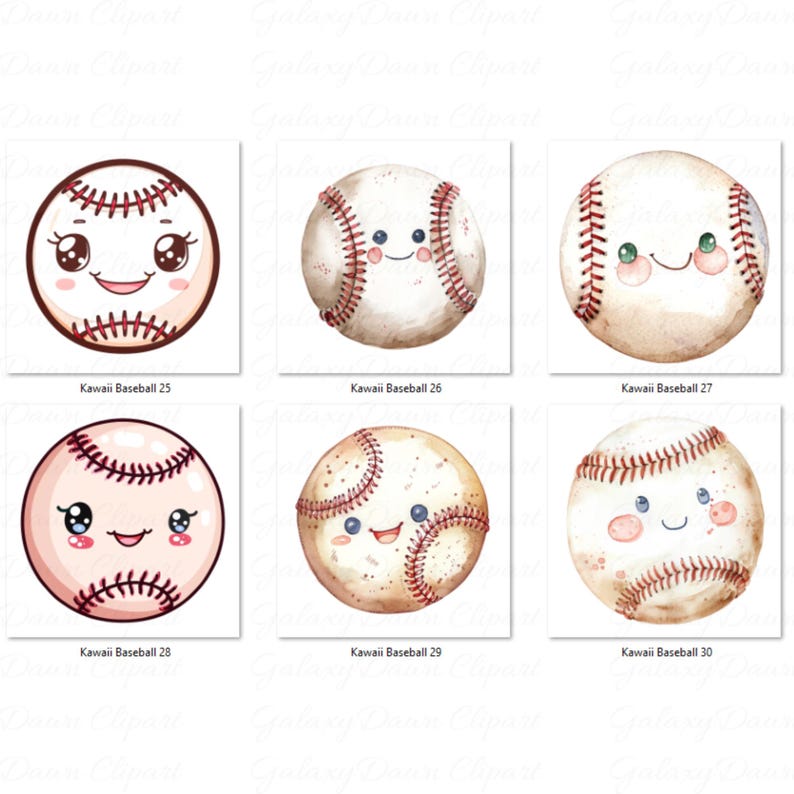 Kawaii Baseball Clipart, Cute Cartoon Base Ball PNG Bundle, Happy ...