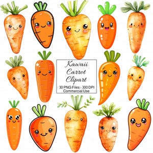 Clipart de zanahoria kawaii, lindo dibujo animado de vegetales PNG, clip art de comida feliz y sonriente, adorable y caprichoso conjunto de descarga digital imprimible de Pascua