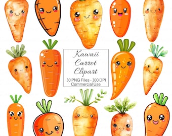 Pode incluir: Um conjunto de 12 imagens de clipart digital que apresentam cenouras de desenhos animados fofas com rostos sorridentes. As cenouras são desenhadas em um estilo aquarela com cores laranja, amarelo e verde. O texto "Kawaii Carrot Clipart" está incluído na imagem.