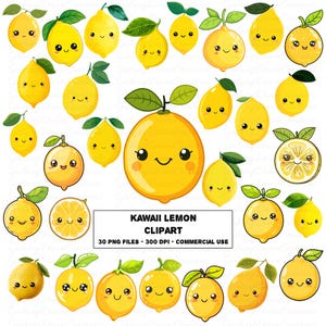 May include: A collection of yellow Kawaii lemon clipart images with smiling faces and green leaves. The text "KAWAII LEMON CLIPART" is displayed below the images, along with details about the file type and commercial use.