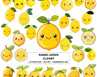 Kawaii citroen clipart, schattige cartoon citrusvruchten png, gelukkig lachend voedsel gezichten illustraties, zomer keuken decor afdrukbare digitale downloadset