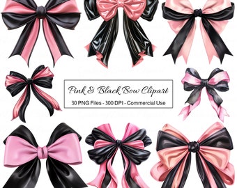 Pink & Black Bow Clipart, Coquette Aesthetic PNG, Feminine Ribbon Clip Art, Cute Pretty Hair Accessories Images, Kids Party Favor Graphics