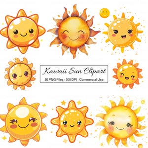 Kawaii Sun Clipart, Cute Cartoon Sunshine Rays PNG, Yellow Orange Spring Summer Clip Art, Happy Smiling Weather Faces Digital Illustration