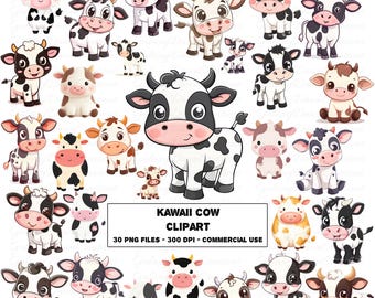 Kawaii Cow Clipart, Cute Cartoon Farm Animal PNG, Happy Smiling Baby Calf Face Clip Art, Adorable Printable Digital Download Set Bundle