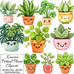 Może przedstawiać: Kolekcja ilustracji clipartów z roślinami doniczkowymi Kawaii. Rośliny mają zielone liście i znajdują się w doniczkach z uśmiechniętymi twarzami. Obraz zawiera tekst "Kawaii Potted Plant Clipart" i "30 PNG Files - 300 DPI Commercial Use."