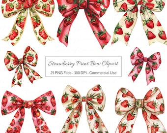 Strawberry Print Bow Clipart: PNG Graphics Set, 25 Images, Digital Download, Commercial Use