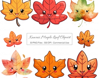 May include: A set of 10 cute cartoon maple leaves with smiling faces. The leaves are in various shades of red, orange, yellow, and green. The leaves are perfect for fall-themed crafts, scrapbooking, and digital design.