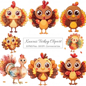 Kawaii Turkey Clipart, Cute Cartoon Thanksgiving Animal PNG, Fall Autumn Holiday Season Food Clip Art, Happy Smiling Fun Funny Illustration