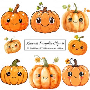 Kawaii Pumpkin Clipart, Słodka kreskówka jesień PNG, Halloween Święto Dziękczynienia Clipart, Szczęśliwy uśmiechnięty październikowy zbiór do wydrukowania