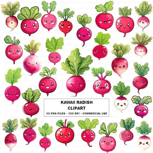 Kawaii Radish Clipart, Cute Cartoon Vegetable PNG, Happy Smiling Food Faces Clip Art, Veggie Printable Illustration Digital Download Set
