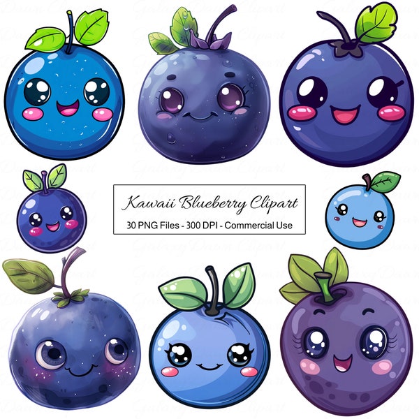 Kawaii Blueberry Clipart, Cute Fruit PNG, Cartoon Food Clip Art, Blueberries Faces, Fruits Images, Botanical Printable, Berry Illustration