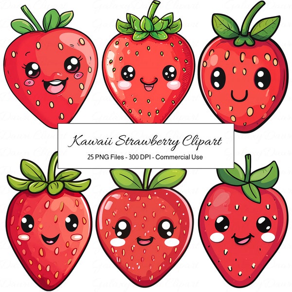 Cute Kawaii Strawberry Clipart, Kawaii Clipart, Strawberry Clipart, Kawaii PNG, Strawberry PNG, Fruit Clipart, Cute Clipart, Food Clipart