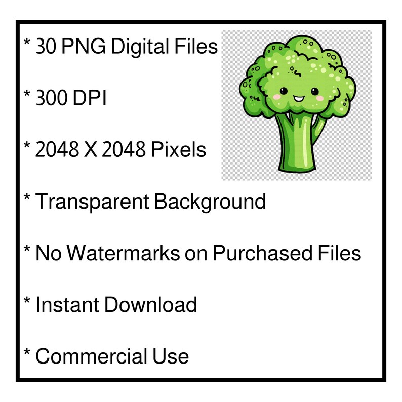 Kawaii Broccoli Clipart: PNG Graphics Set, 30 Images, Digital Download ...