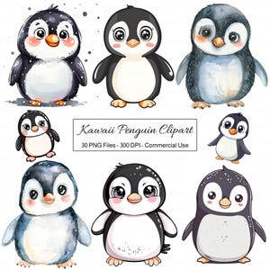 Clipart di pinguino kawaii, animale carino dei cartoni animati PNG, clipart invernale sorridente felice, elemento del personaggio delle vacanze di Natale arte stampabile digitale